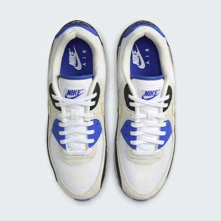Nike Air Max 90 Premium Men's White Trainers HF3449-100 top view showing lace-up design, padded tongue, and clean monochrome look