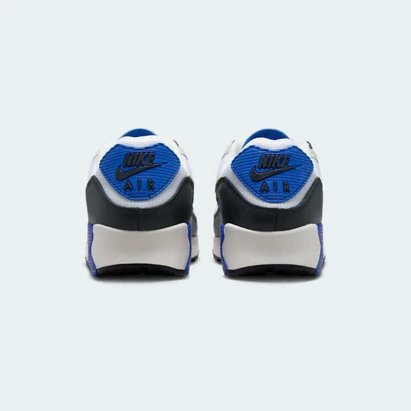 Nike Air Max 90 Premium Men's White Trainers HF3449-100 back view showing Nike Air branding on heel tab and low-cut collar