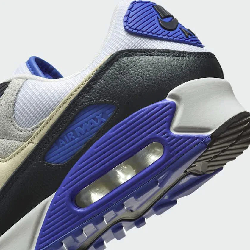 Rear underside close-up of Nike Air Max 90 Premium Men's White Trainers HF3449-100 heel and visible Air Max unit integrated in outsole