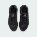 Top-down view of a pair of Nike Air Max Pulse Juniors' trainers in black and grey, highlighting their sleek silhouette and lacing system.