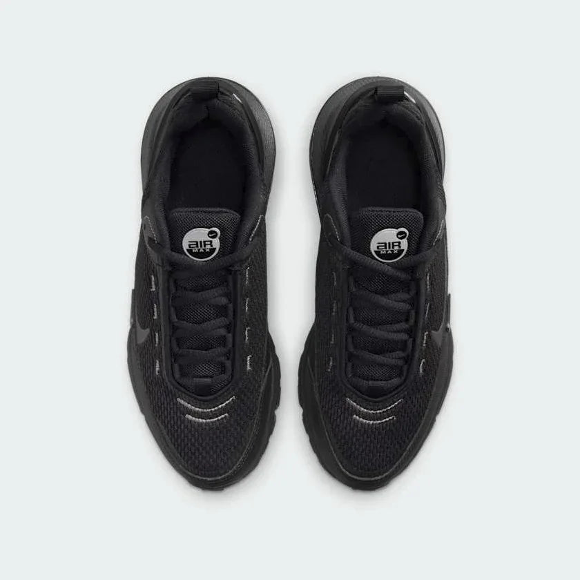 Top-down view of a pair of Nike Air Max Pulse Juniors' trainers in black and grey, highlighting their sleek silhouette and lacing system.
