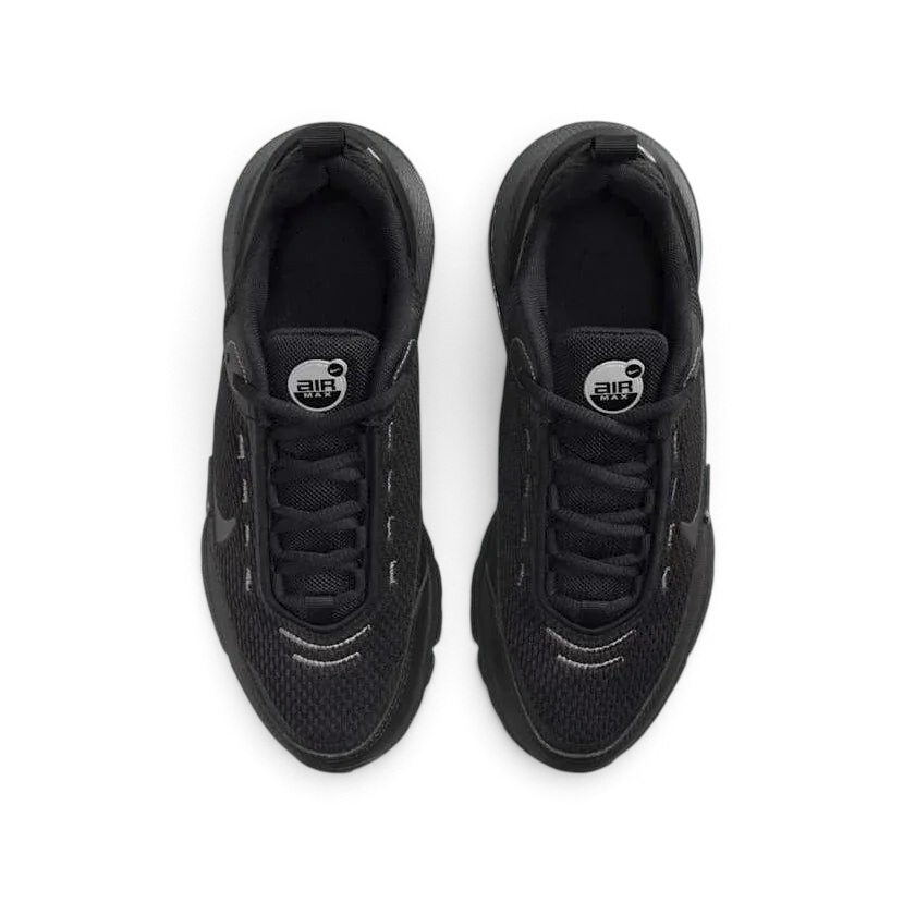 Top-down view of a pair of Nike Air Max Pulse Juniors' trainers in black and grey, highlighting their sleek silhouette and lacing system.