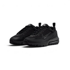 Angled view of two Nike Air Max Pulse Juniors' trainers in black and grey, side by side, showcasing their bold design and visible Air unit.