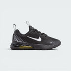 Highlights the lateral profile of the shoe, featuring a crisp white Nike Swoosh sweeping across the black tactile mesh upper, gradient dotted heel graphics, and a visible Sonic Yellow tinted Max Air unit housed in the black midsole.
