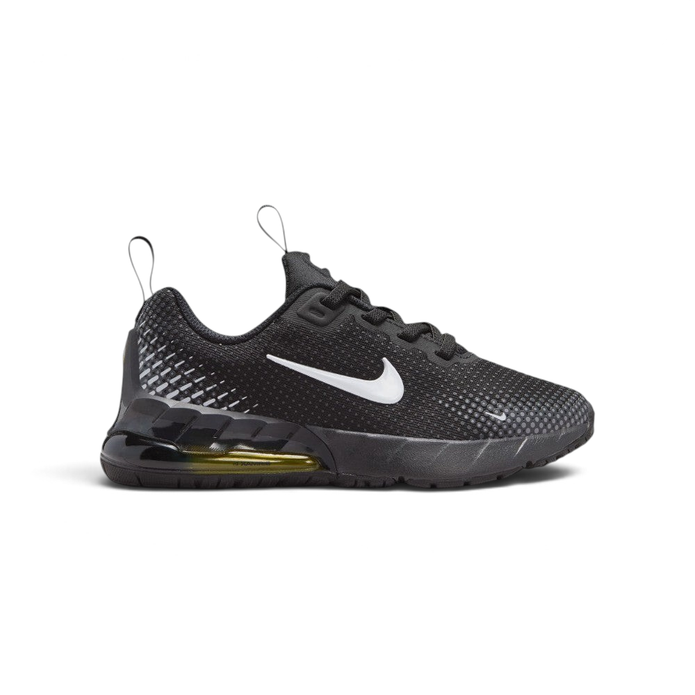 Highlights the lateral profile of the shoe, featuring a crisp white Nike Swoosh sweeping across the black tactile mesh upper, gradient dotted heel graphics, and a visible Sonic Yellow tinted Max Air unit housed in the black midsole.