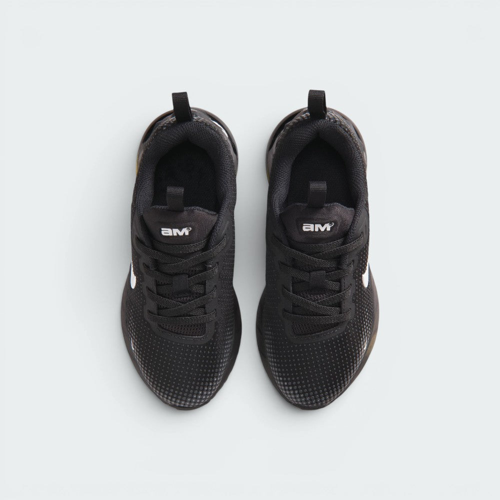 Focuses on the locked-in central lacing layout, displaying the clean symmetry of the black mesh tongues with white "AM" logos, matching black laces, and dark padded collars.