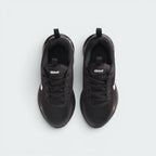 Focuses on the locked-in central lacing layout, displaying the clean symmetry of the black mesh tongues with white "AM" logos, matching black laces, and dark padded collars.