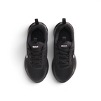 Focuses on the locked-in central lacing layout, displaying the clean symmetry of the black mesh tongues with white "AM" logos, matching black laces, and dark padded collars.
