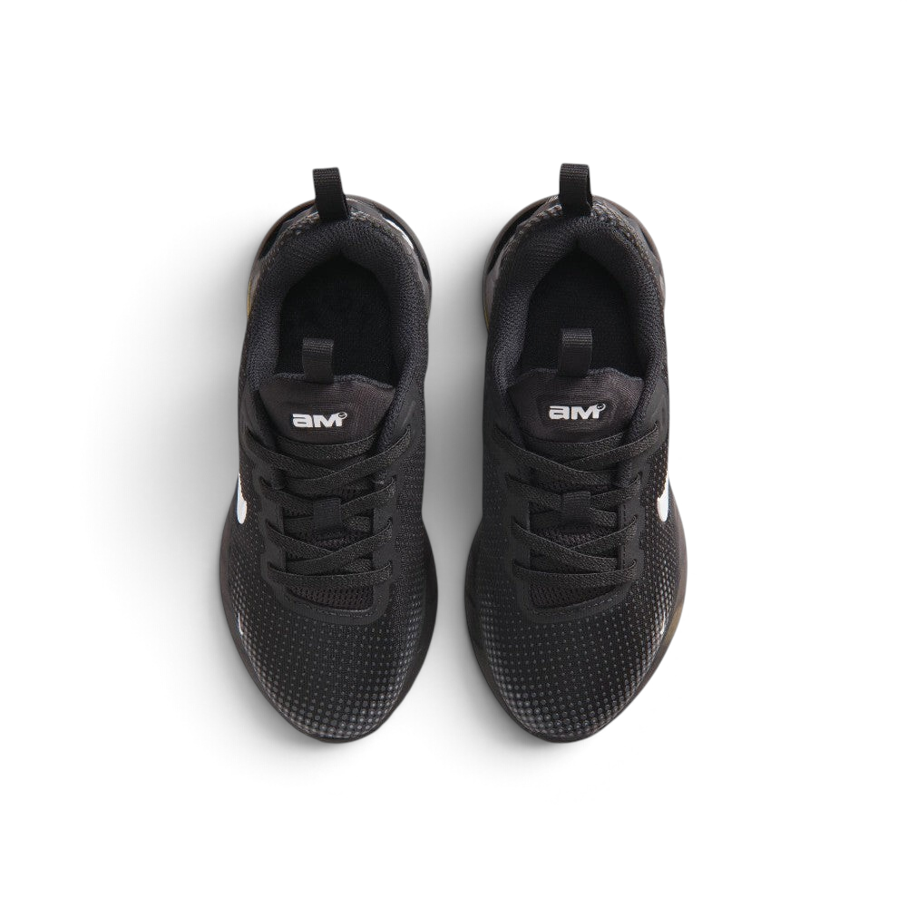 Focuses on the locked-in central lacing layout, displaying the clean symmetry of the black mesh tongues with white "AM" logos, matching black laces, and dark padded collars.