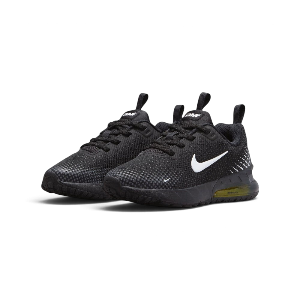 Emphasising the athletic, forward-leaning stance of the trainers and the sharp contrast between the black upper and the popping Sonic Yellow Air unit windows.