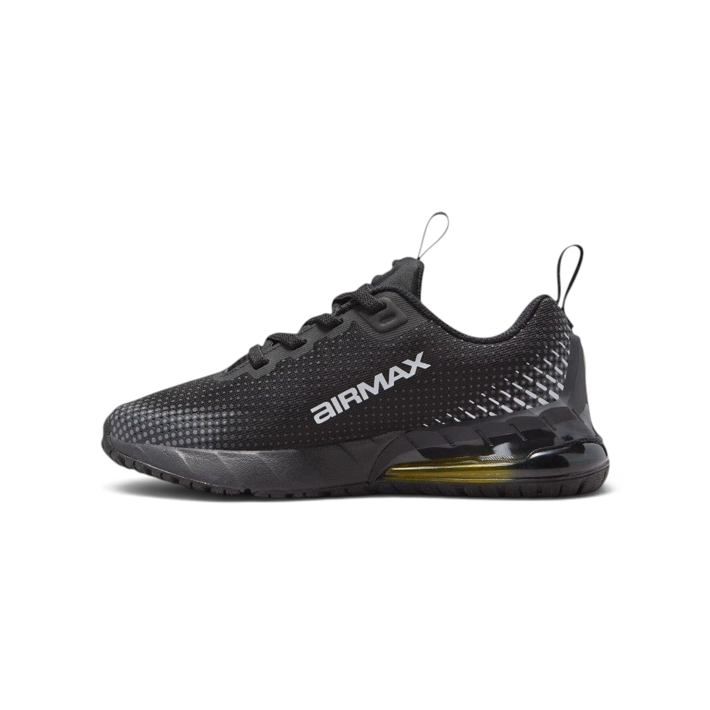 Displays the inner profile of the shoe, featuring white "AIRMAX" block lettering stamped across the black mesh upper set against the gradient dotted heel accents and yellow-tinted heel Air unit.