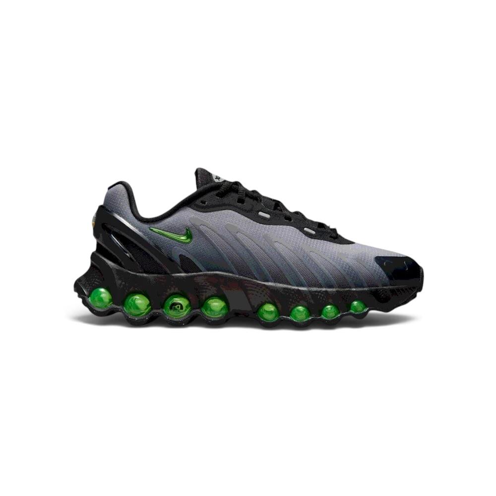 The Black and Volt Air Max Dn8, highlighting the eight pressurized Air tubes and the energy-radiating design lines.