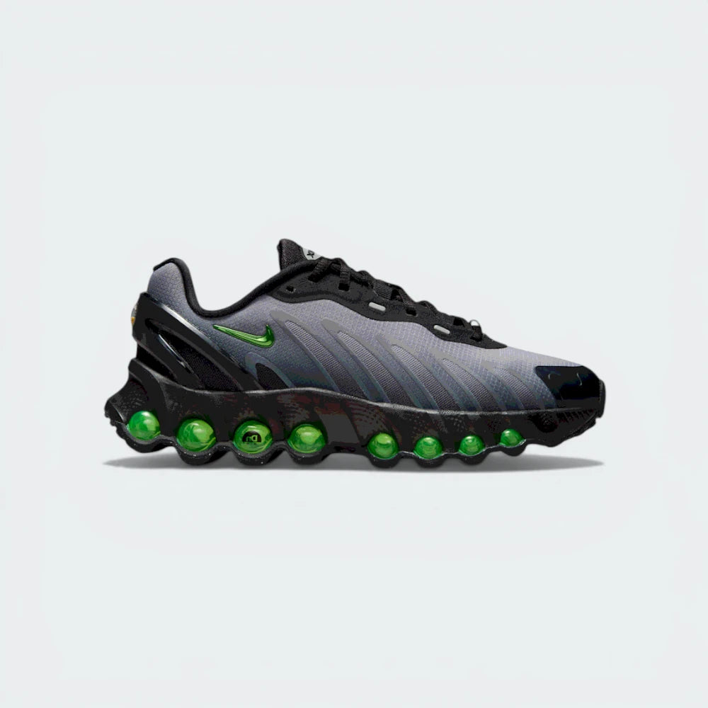 The Black and Volt Air Max Dn8, highlighting the eight pressurized Air tubes and the energy-radiating design lines.