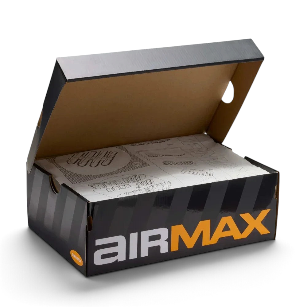 Open shoe box with 'Air Max' branding on a light gray background