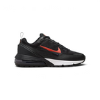 Nike Air Max Pulse Juniors' trainers in black with university red accents, side profile showing visible point-loaded Max Air unit and layered textile upper.