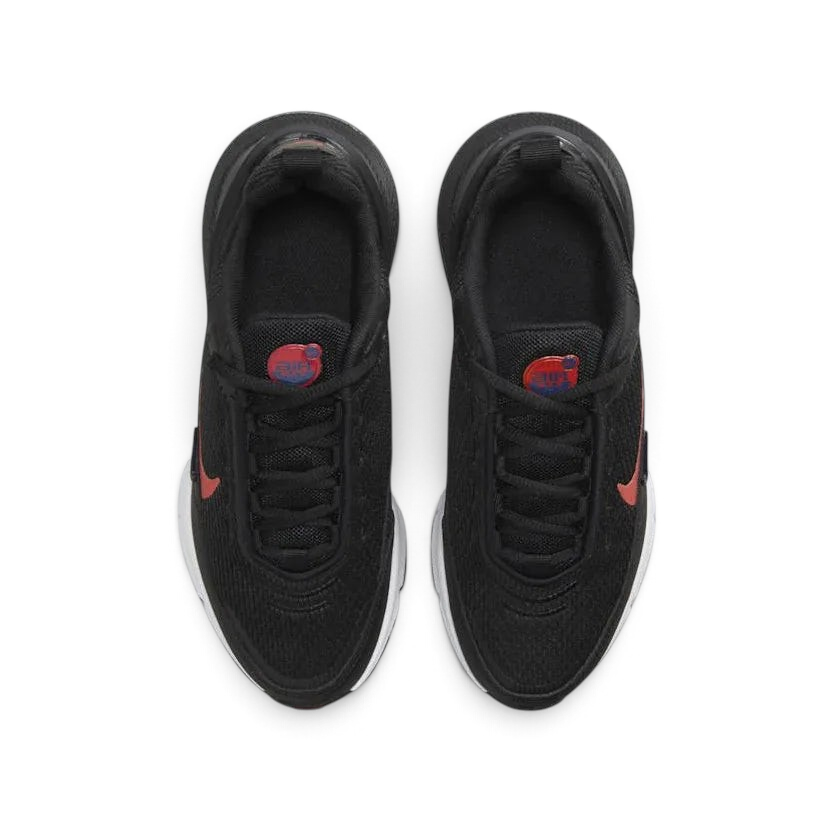 Top-down view of a pair of Nike Air Max Pulse Juniors' trainers in black and red, highlighting their sleek silhouette and lace-up closure.