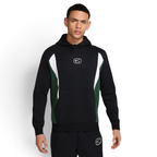 The Black and Fir hoodie, highlighting the colour-blocked sleeves and the clean drape of the midweight fleece.