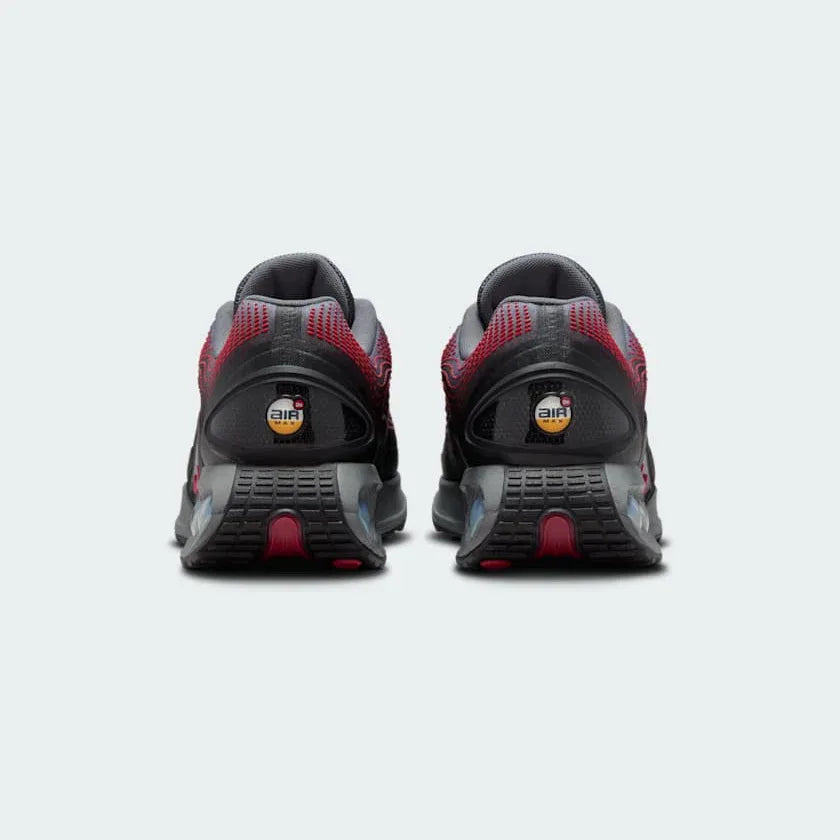 Nike Air Max DN Men's Black Trainers HM0708-002 back view showing heel tab, Nike Air branding, and exposed cushioning system