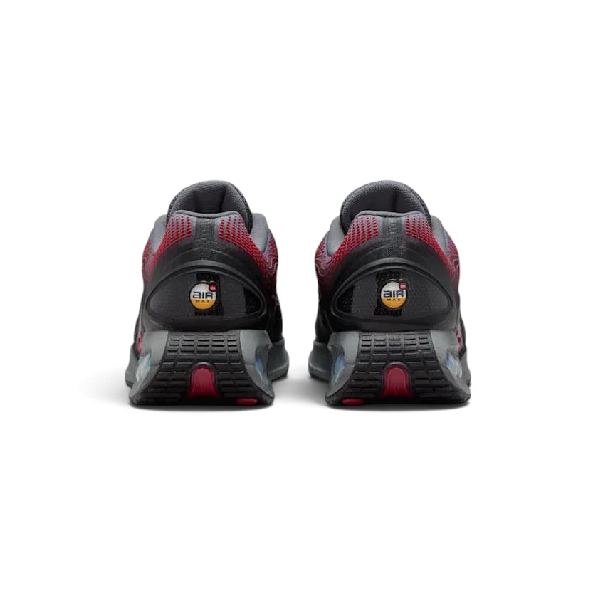 Nike Air Max DN Men's Black Trainers HM0708-002 back view showing heel tab, Nike Air branding, and exposed cushioning system