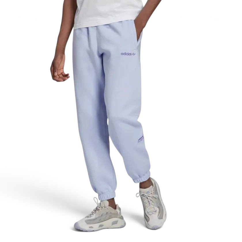 Adidas Trefoil Linear Men's Sweat Pants in violet, front view showing elastic waistband, drawcord, tapered legs, side pockets, and linear Trefoil branding down the leg. Main image