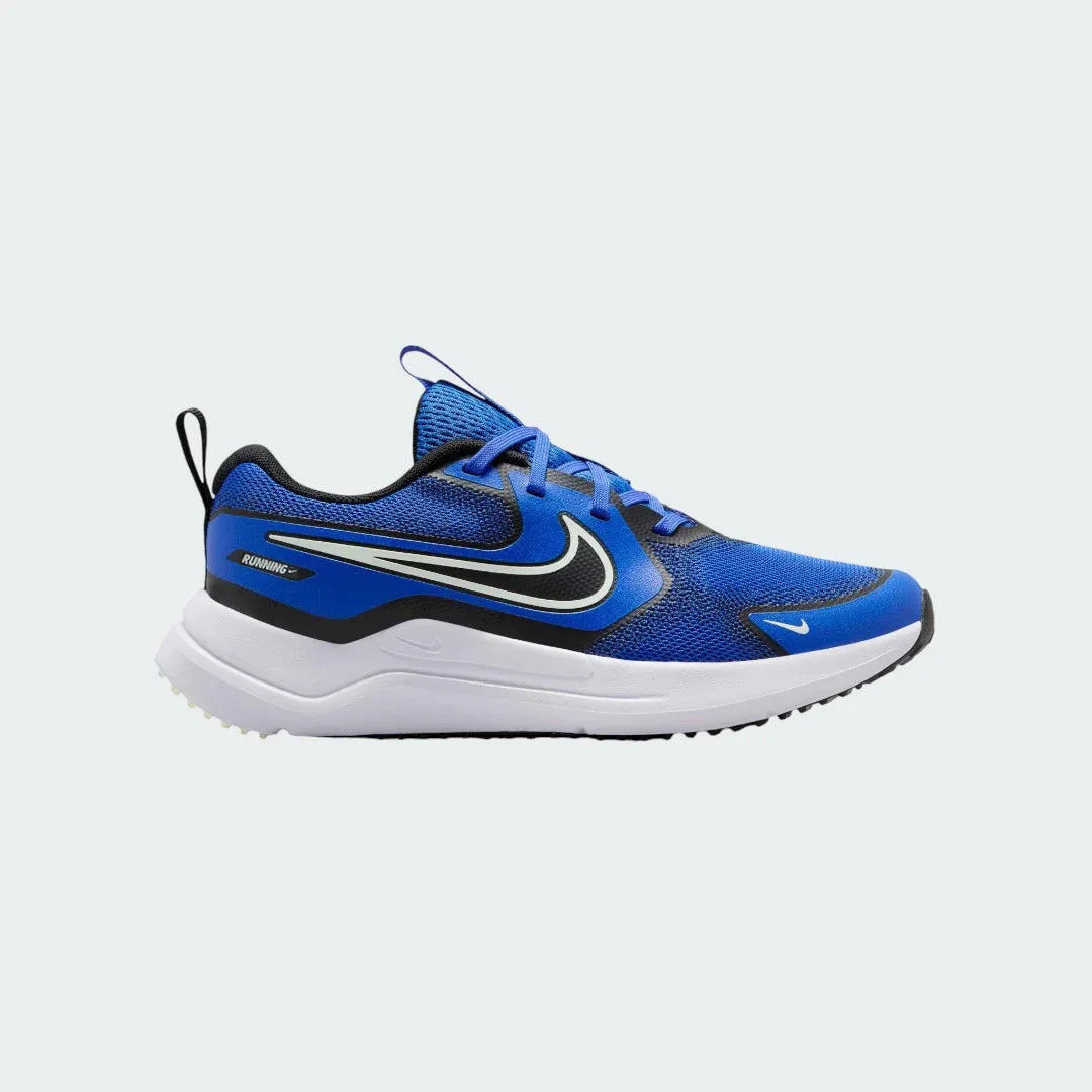 Nike Cosmic Runner Juniors' running trainers in blue with black accents, side profile showing mesh upper, cushioned midsole, and Nike Swoosh. Main image