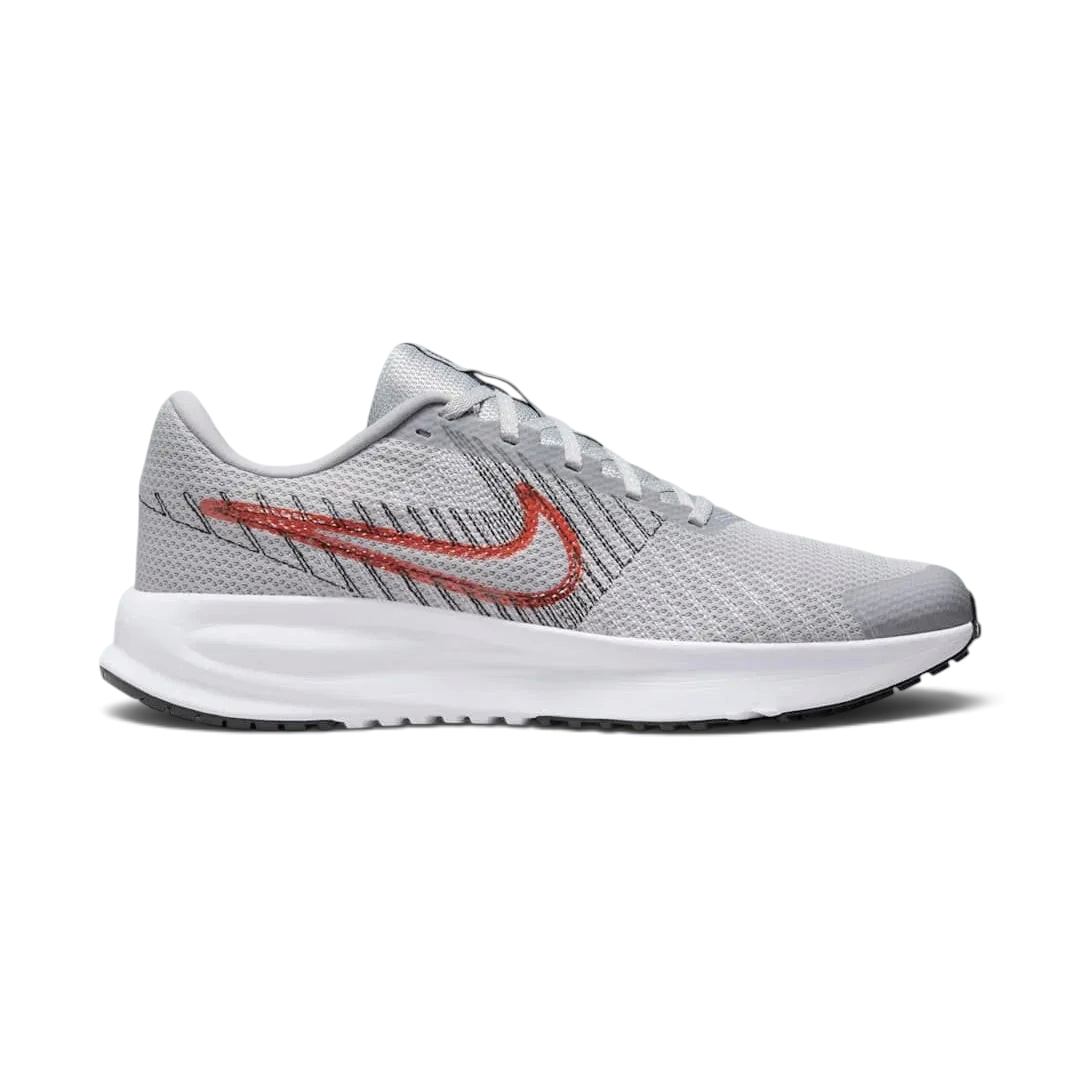 Trade Sports Nike Run Defy men's grey running trainers with a bright crimson swoosh and white foam midsole