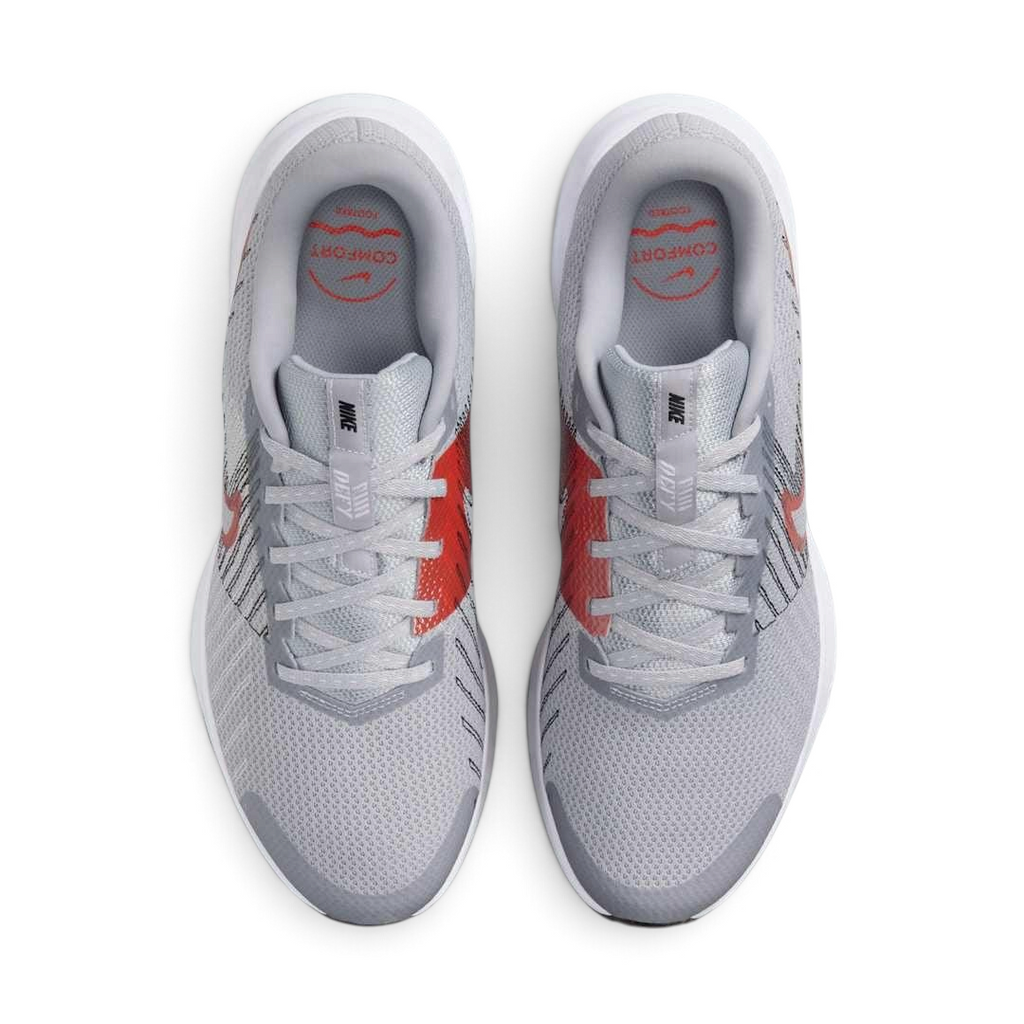 Trade Sports Nike Run Defy men's grey running trainers with bright crimson swoosh and breathable mesh upper