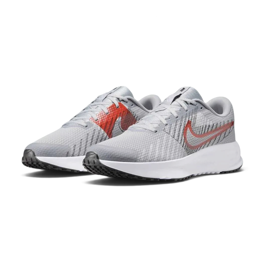 Trade Sports Nike Run Defy men's running trainers in wolf grey mesh with a bright crimson Swoosh and white midsole.