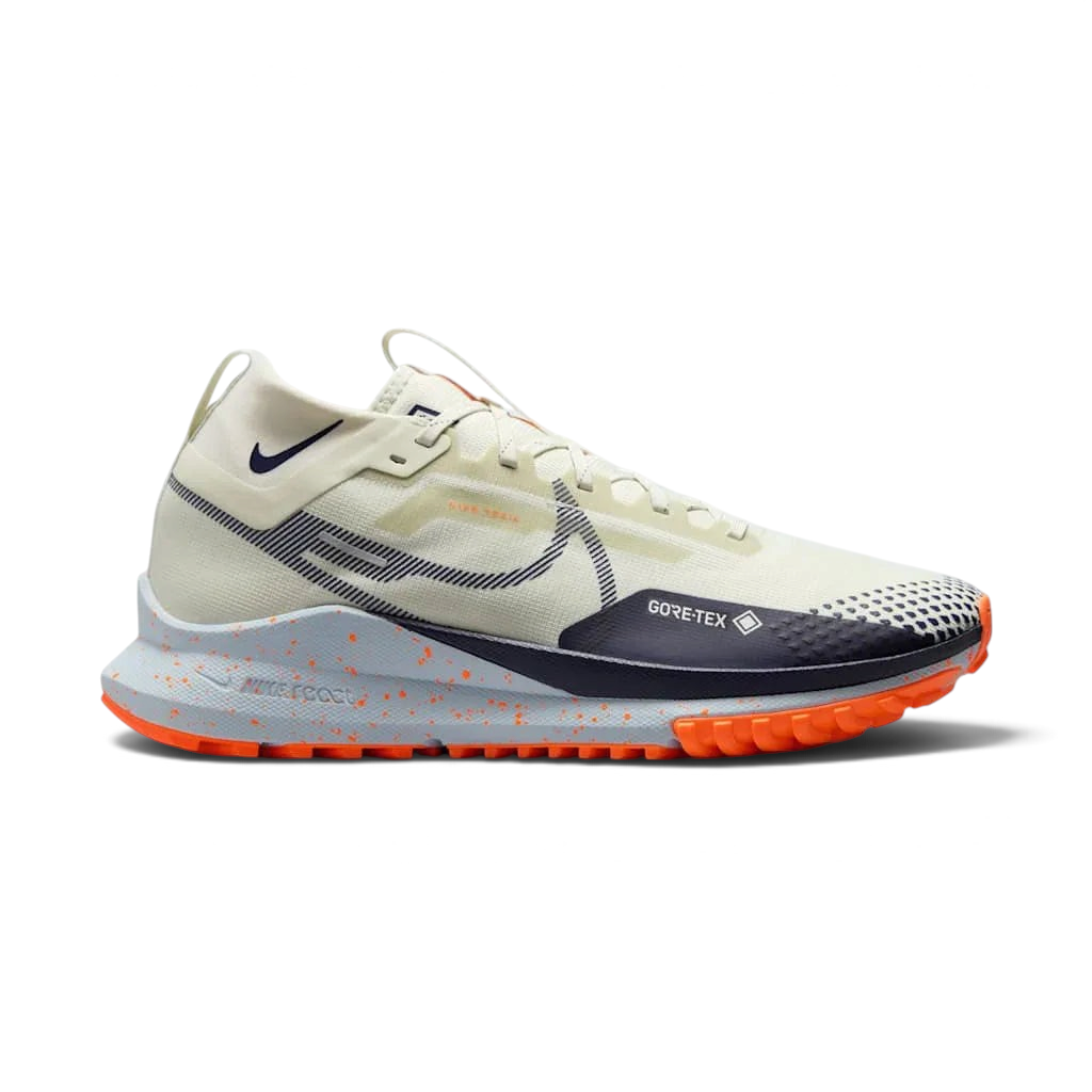 Nike React Pegasus Trail 4 GTX V2 Trail Shoes HM9728-001 side view showing beige waterproof upper and React midsole