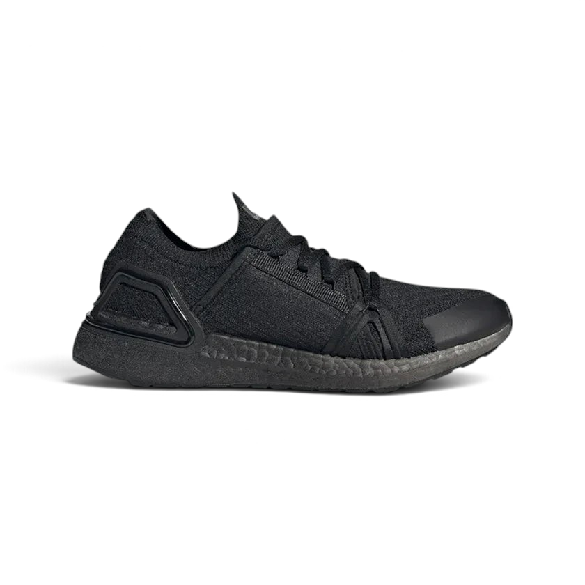 Adidas by Stella McCartney Ultra Boost 20 Women's trainers in black, side profile showing the Primeknit upper, chunky Boost midsole, and supportive cage.
