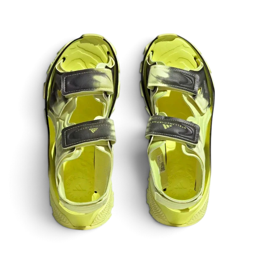 Top-down view of a pair of Adidas by Stella McCartney Hika Sandals in yellow, highlighting the multiple straps and footbed design.