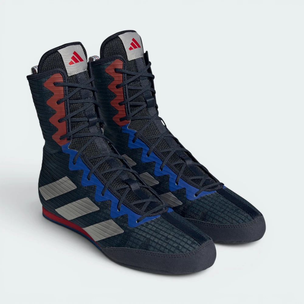 Emphasising the streamlined, track-like boxing silhouette and the professional distribution of the silver and grey technical panels.