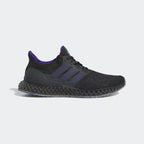 Adidas Ultra 4D x Rich Mnisi Pride men's trainers in a multi-color design, side profile showing the Primeknit upper with vibrant patterns, futuristic 3D-printed 4D midsole, and a black cage.