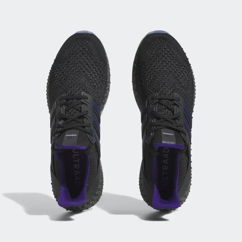 Top-down view of a pair of Adidas Ultra 4D x Rich Mnisi Pride men's trainers, highlighting their seamless Primeknit construction and unique lacing.