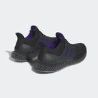 Rear angled view of two Adidas Ultra 4D x Rich Mnisi Pride men's trainers, side by side, showcasing their bold design and groundbreaking 4D technology.