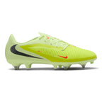 Side profile of the Nike Phantom 6 Low SG Pro Football Boot in Limelight, Hyper Crimson, and Black, showcasing the NIKESKIN upper, striking black Swoosh, and soft-ground metal-tipped studs.