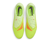 Overhead view of both football boots showing the central lacing system, textured striking zones with Hyper Crimson detailing, and interior PHANTON branding on the insoles.