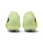 Rear view of the boots focusing on the padded heel counters, smooth lime green finish, and the rear metal studs.