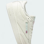 Close-up of Reebok Club C 85 Women's Chalk Leather Trainers HQ0947 smooth leather upper, lace structure, and classic branding