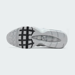View of the outsole of the Nike Air Max 95 Men's grey running shoes, showing the durable rubber waffle tread pattern.