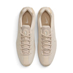 Top-Down View of Pair: Overhead view looking down at the laced oatmeal trainers, displaying the tonal flat laces, technical mesh tongue, and branded insoles.   