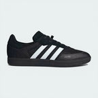 Side profile of the Black Velosamba COLD.RDY, highlighting the reflective white Three Stripes and the hi-tech textile upper.
