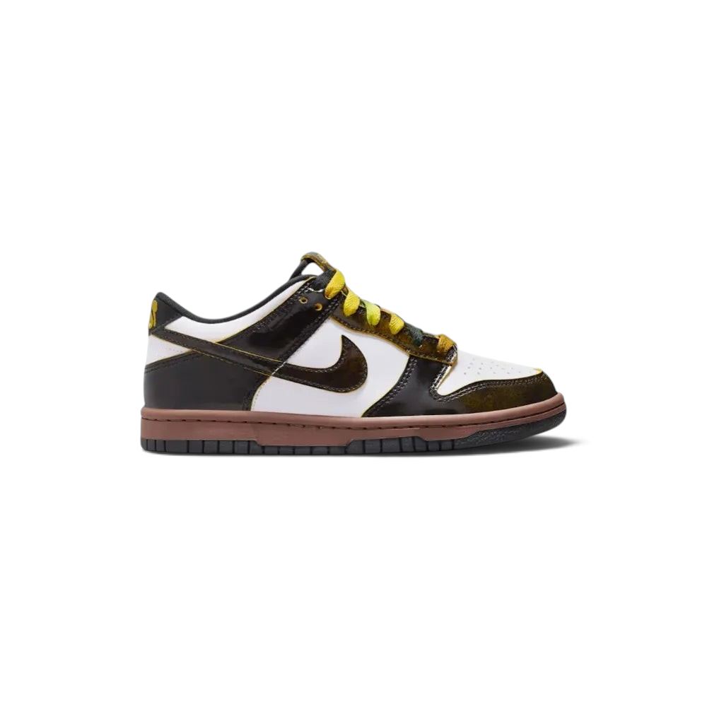 Side profile of the Nike Dunk Low Kids SE, showing the classic black and white Panda color-blocking with a vibrant Bright Citron yellow Swoosh. Main image