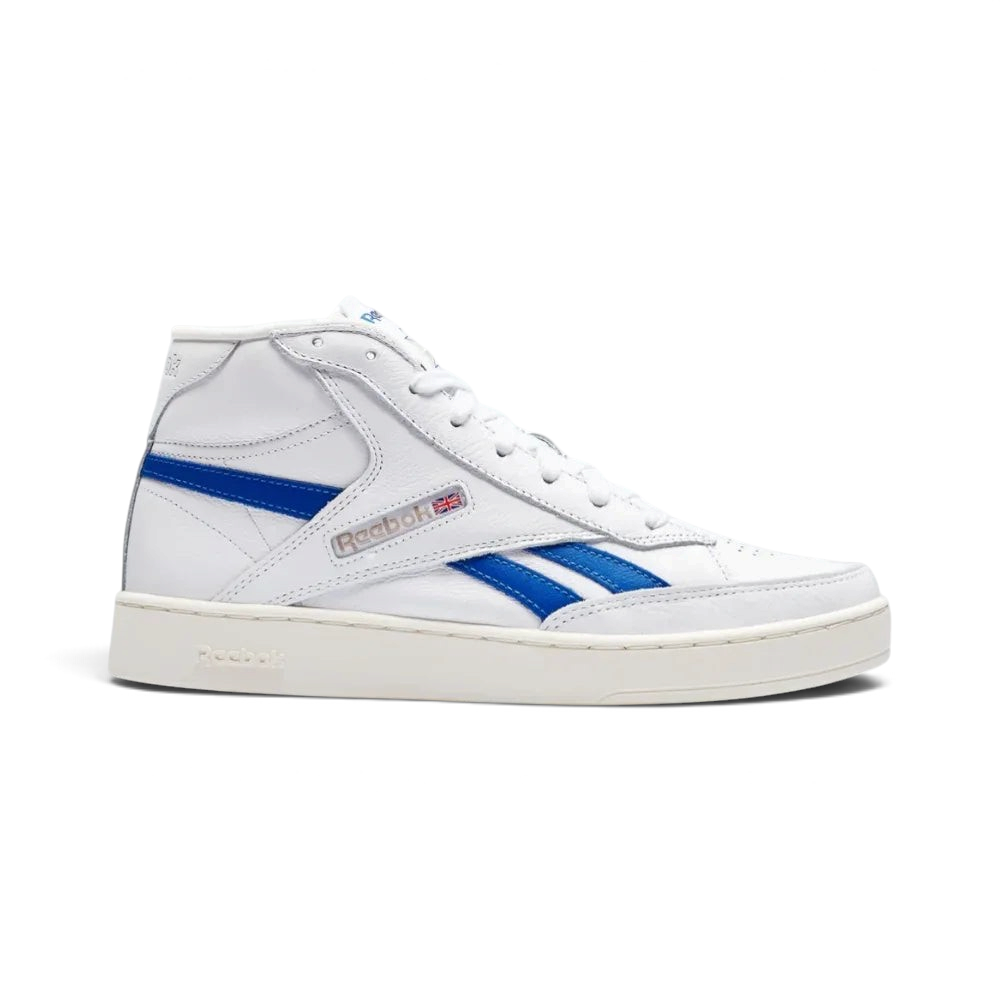 Side profile of the Reebok Club C 85 Form Hi in White, showing the high-top silhouette, Vector Blue branding, and the vintage-style Chalk midsole.