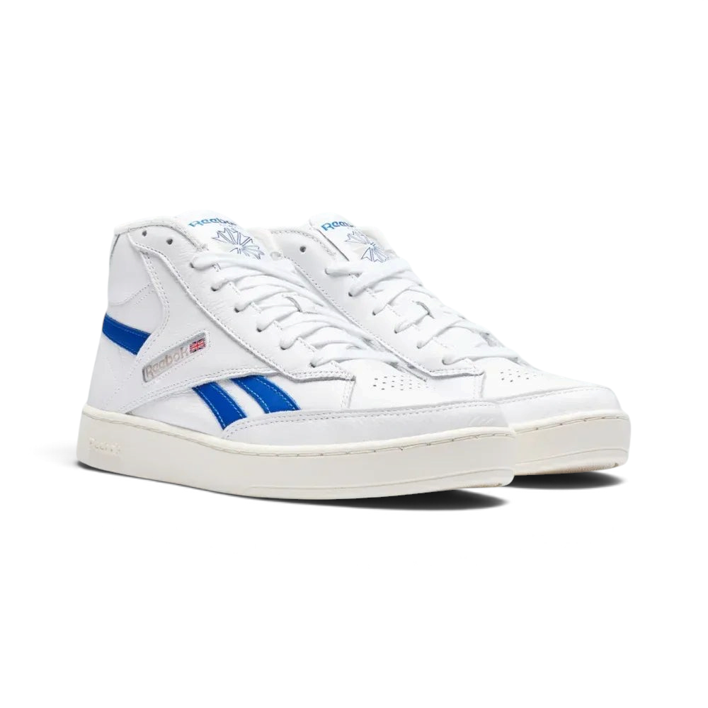Angled shot of both Reebok Club C 85 Form Hi trainers side by side, showcasing the minimalist leather panels and deconstructed collar.