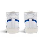Rear view focusing on the high-top collar construction and the precise tonal stitching on the white leather heel.