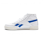 Side profile of the Reebok Club C 85 Form Hi in White, showing the high-top silhouette, Vector Blue branding, and the vintage-style Chalk midsole.
