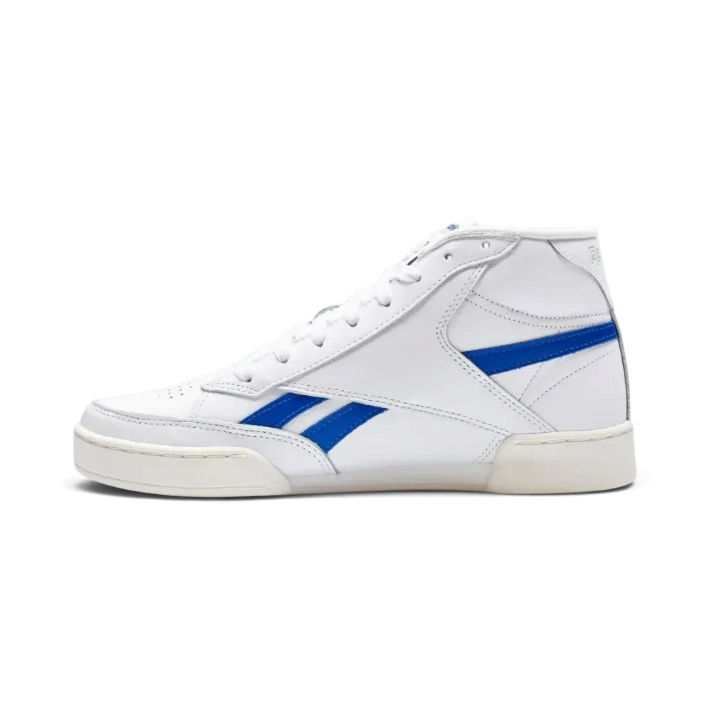 Side profile of the Reebok Club C 85 Form Hi in White, showing the high-top silhouette, Vector Blue branding, and the vintage-style Chalk midsole.