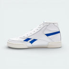 Side profile of the Reebok Club C 85 Form Hi in White, showing the high-top silhouette, Vector Blue branding, and the vintage-style Chalk midsole.