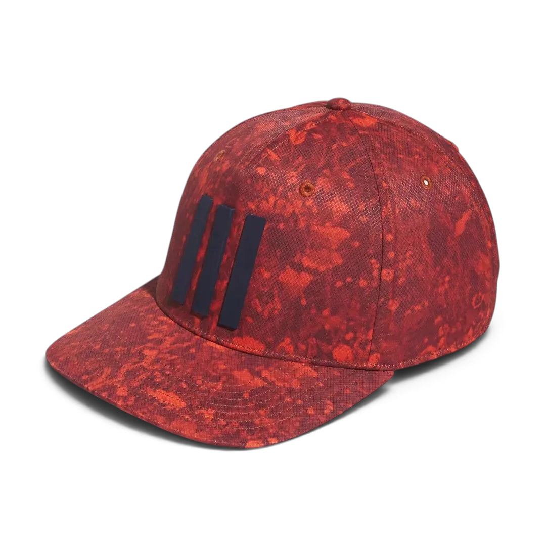 Adidas 3 Stripes Printed Tour Golf Cap in red, front view showing the pre-curved brim and 3D silicone 3-Stripes logo on the crown. Main image